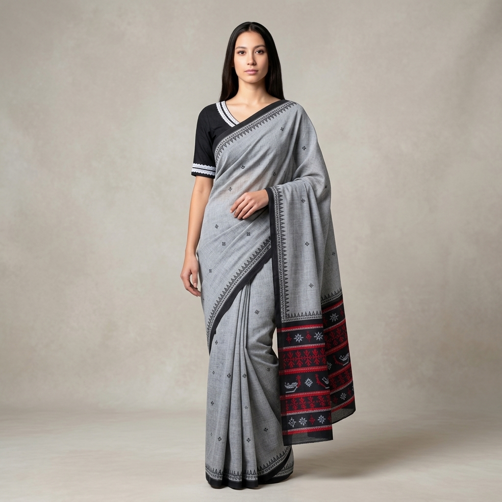 Handloom grey & black saree set, Hero