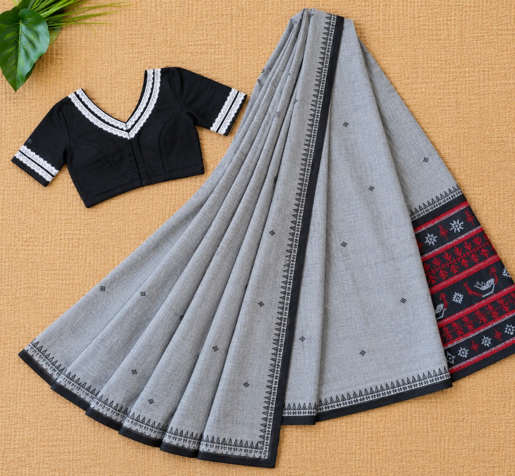 Handloom grey & black saree set, original upload